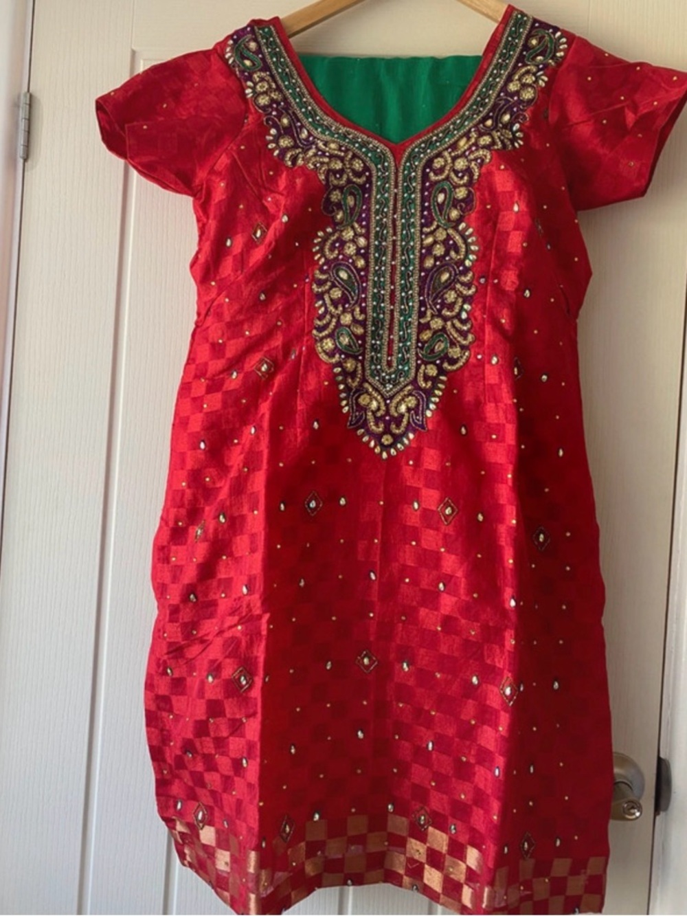 Red Embellished Short Kurti with Intricate Beaded Neckline
